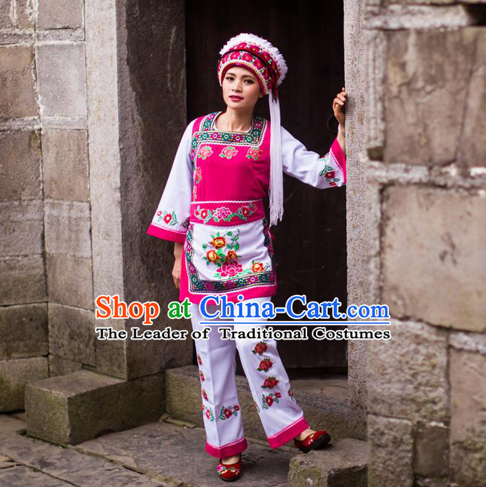 Traditional Chinese Bai Nationality Dancing Costume Set, Female Folk Dance Bai Ethnic Clothes and Hat, Chinese Minority Nationality Embroidery Costume for Women