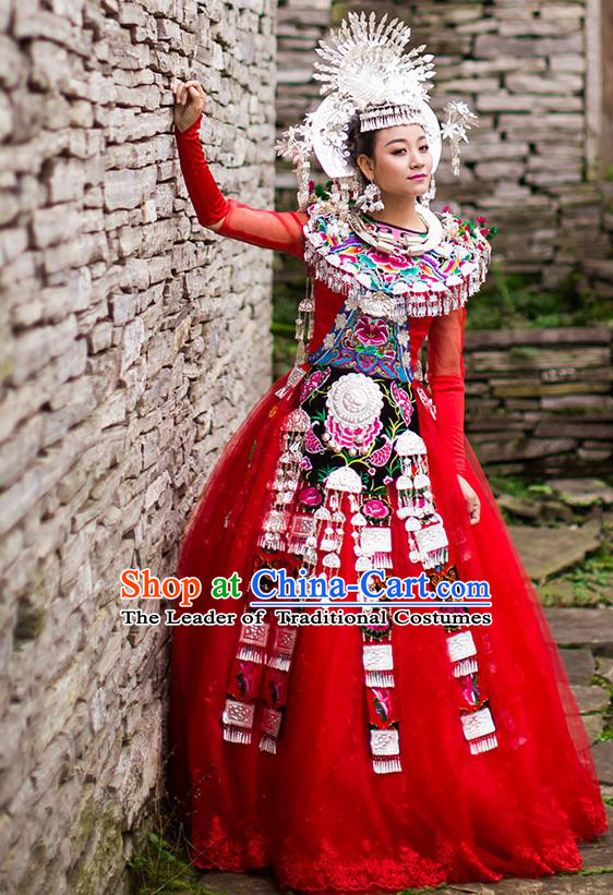 Traditional Chinese Miao Nationality Wedding Costume Accessories Crown, Necklace, Hmong Female Wedding Ethnic Pleated Dress and Phoenix Silver Headwear, Chinese Minority Nationality Embroidery Costume and Hat for Women