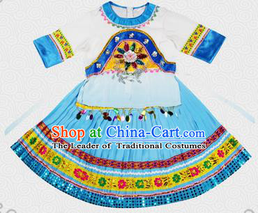 Traditional Chinese Miao Nationality Dancing Costume, Hmong Children Folk Dance Ethnic Pleated Skirt, Chinese Minority Tujia Nationality Embroidery Costume for Kids