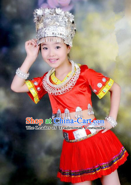 Traditional Chinese Miao Nationality Dancing Costume, Hmong Children Folk Dance Ethnic Pleated Skirt, Chinese Minority Tujia Nationality Embroidery Costume for Kids