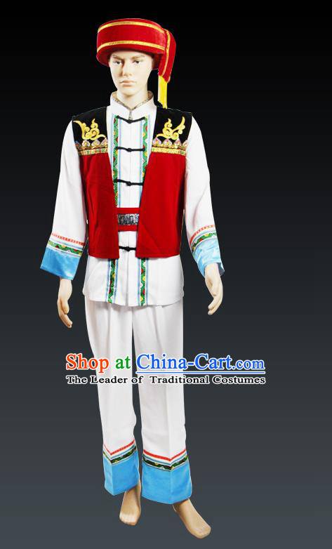 Traditional Chinese Miao Nationality Dancing Costume, Tujiazu Male Folk Dance Ethnic Dress, Chinese Minority Yao Nationality Embroidery Costume for Men