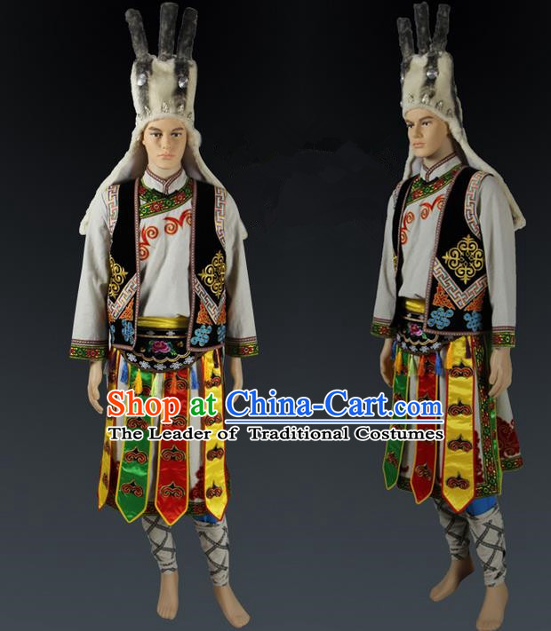 Traditional Chinese Qiang Nationality Dancing Costume, Qiangzu Male Folk Dance Ethnic Clothing, Chinese Minority Qiang Nationality Worship Ceremony Costume for Men