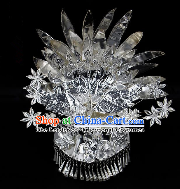 Traditional Chinese Miao Nationality Sliver Jewelry Accessories Phoenix Silver Headwear, Hmong Ethnic Hair Accessories, Chinese Minority Miao Nationality Hat Crown for Women