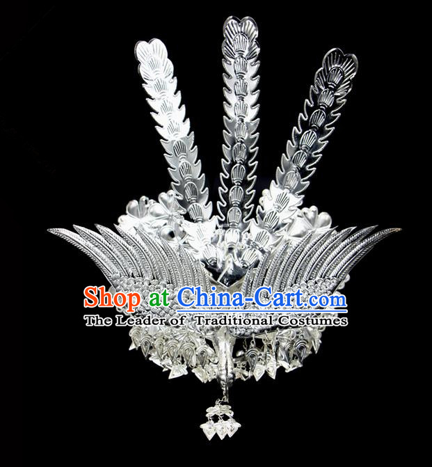 Traditional Chinese Miao Nationality Sliver Jewelry Accessories, Silver Phoenix Headwear, Hmong Ethnic Hair Accessories, Chinese Minority Miao Nationality Hat Crown for Women