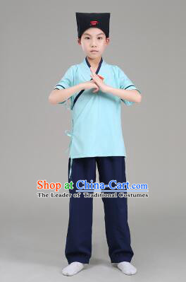 Han Fu For Children Chinese Traditional Dress Short Sleeves Stage Show Ceremonial Costumes Green Top Blue Pants