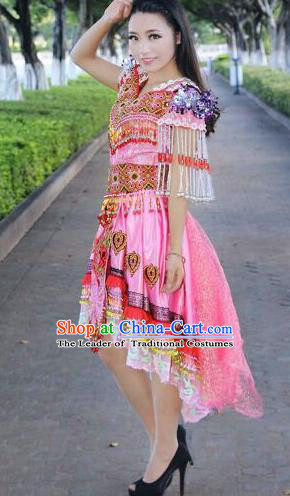 Traditional Chinese Miao Nationality Costume Set, Hmong Luxury Improved Bride Folk Dance Ethnic Short Skirt, Chinese Minority Nationality Embroidery Costume for Women