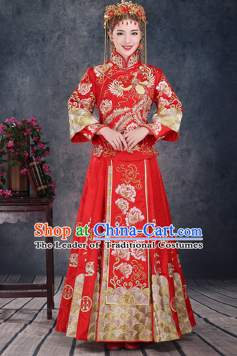 Ancient Chinese Costume, Chinese Style Wedding Dress, Red Ancient Dragon And Phoenix Flown, Bride Toast Clothing For Women