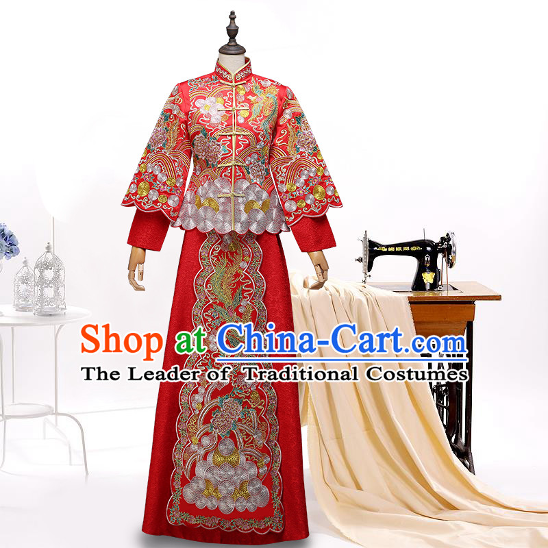 Ancient Chinese Costume, Chinese Style Wedding Dress, Red Ancient Dragon And Phoenix Flown, Bride Toast Clothing For Women