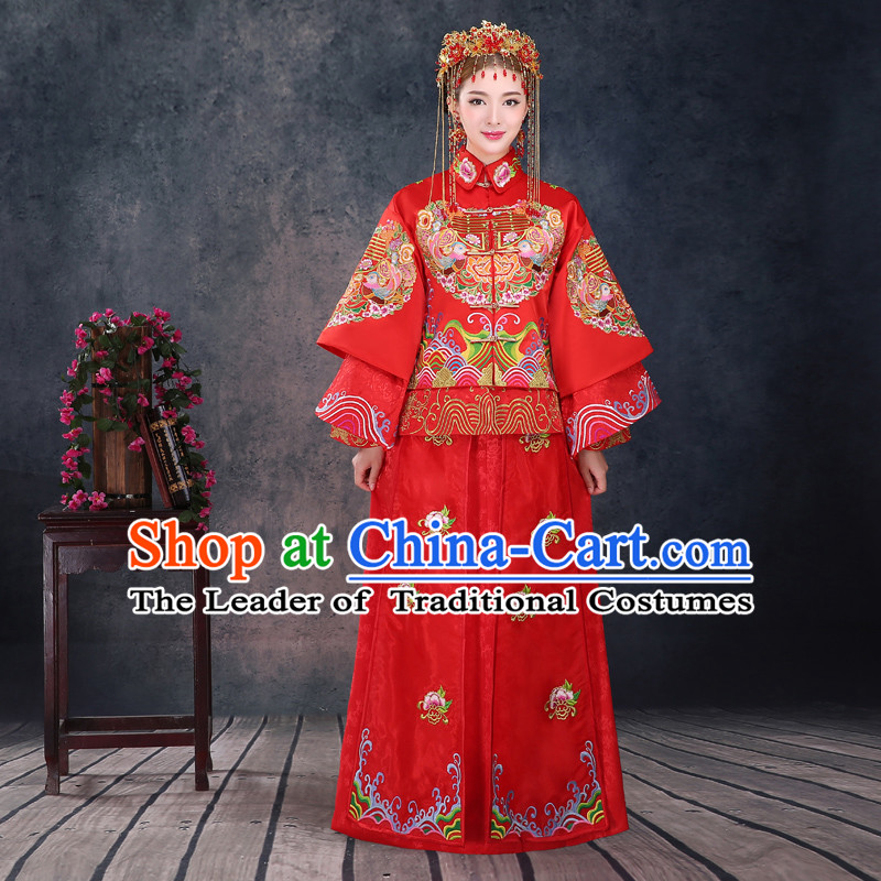 Ancient Chinese Costume, Xiuhe Suits, Chinese Style Wedding Dress, Red Restoring Ancient Women Longfeng Dragon And Phoenix Flown, Bride Toast Cheongsam