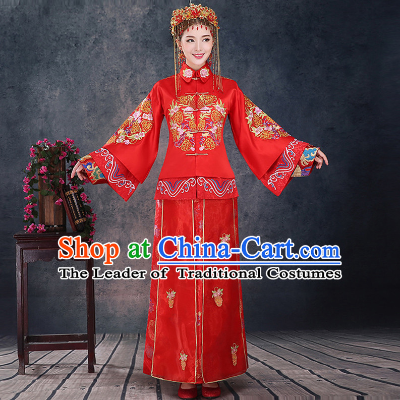 Ancient Chinese Costume Xiuhe Suits, Chinese Style Wedding Dress, Red Restoring Ancient Women Longfeng Dragon And Phoenix Flown, Bride Toast Cheongsam