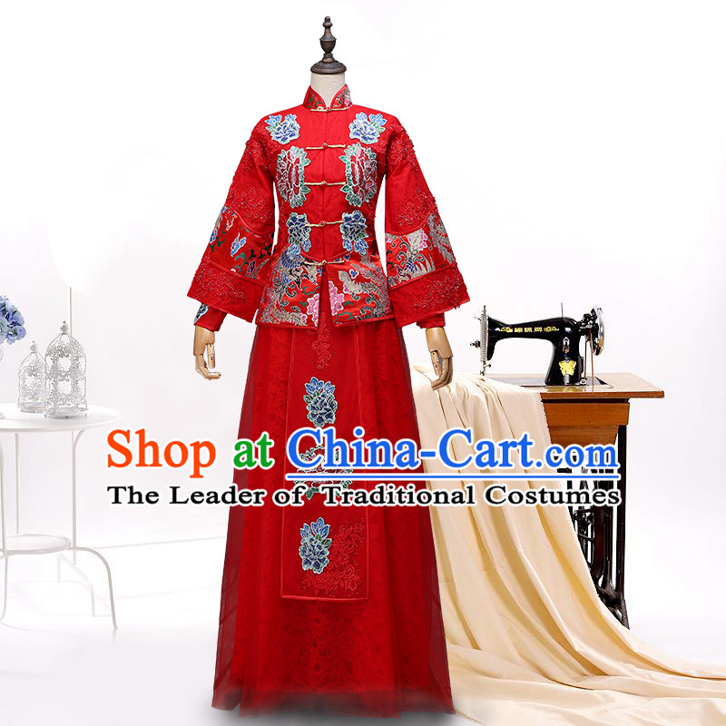 Ancient Chinese Collar Costume Dress, Toast Red Cheongsam, Xiuhe Suits Wedding Dress, Red Ancient Women Flown, Bride Cheongsam