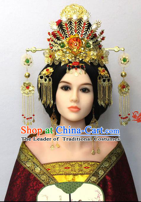 Chinese Ancient Style Hair Jewelry Accessories, Hairpins, Tang Dynasty Xiuhe Suits Wedding Bride Headwear, Headdress, Imperial Empress Queen Handmade Hair Fascinators for Women