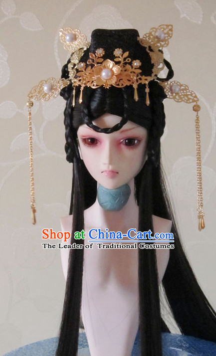 Ancient Chinese Female Princess Queen Empress Black Wigs and Hair Accessories Set