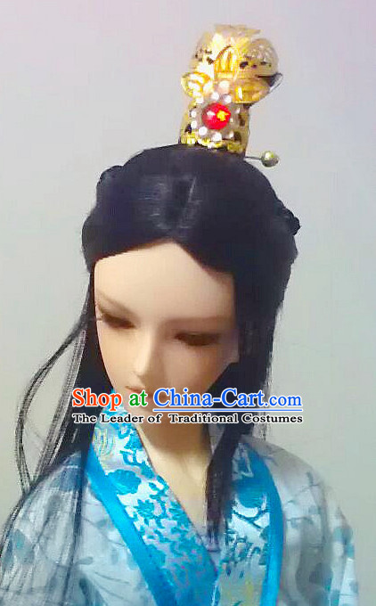 Ancient Chinese Style Prince Emperor Long Black Wigs and Coronet for Men Boys Adults Kids