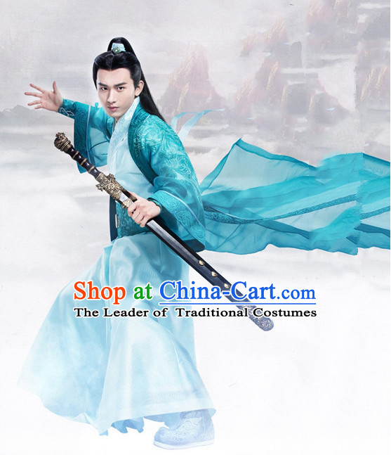 Ancient Chinese Swordsman Knight Costumes and Hair Jewelry Complete Set for Men