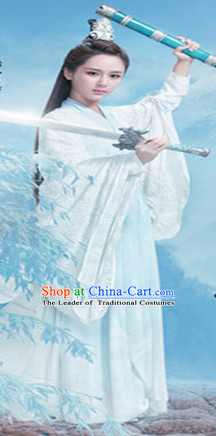 Ancient Chinese Fairy Knight Costumes and Hair Jewelry Complete Set for Women Girls