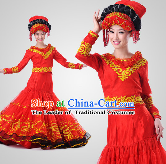 Chinese Traditional Ethnic Group Dancing Costumes and Headdress Complete Set for Women