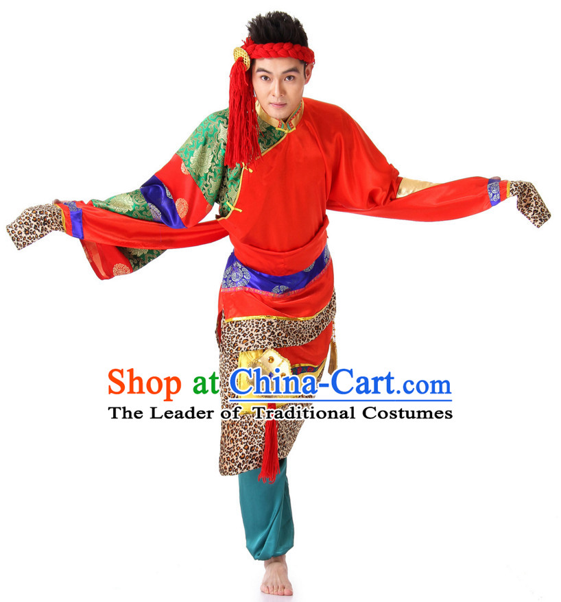 Chinese Traditional Ethnic Tibetan Group Dancing Costumes and Headdress Complete Set for Men