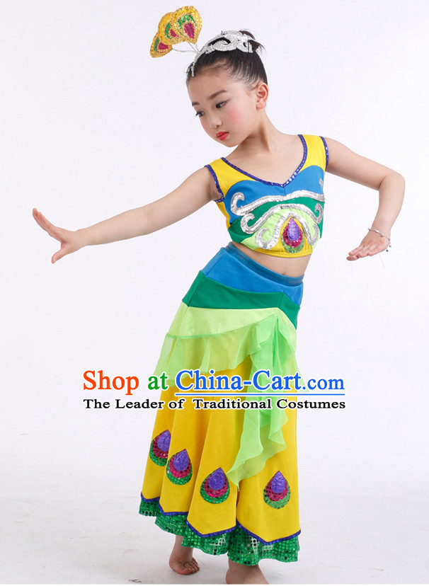 Chinese Competition Peacock Dance Costumes Kids Dance Costumes Folk Dances Ethnic Dance Fan Dance Dancing Dancewear for Children