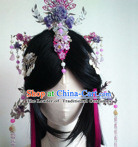 Traditional Chinese Princess Long Black Wigs and Hairpieces Headpieces Hair Jewelry Set