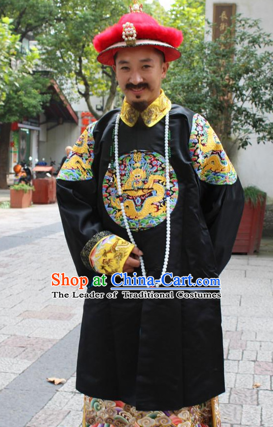 Asian Chinese Emperor Long Dresses Hanfu Costume Clothing Chinese Robe Chinese Kimono and Hat Complete Set for Men