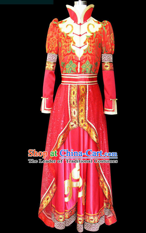 Chinese Mongolian People Yuan Dynasty Mongolians Dance Costumes Queen Princess Empress Clothing Clothes Garment Complete Set for Women Girls