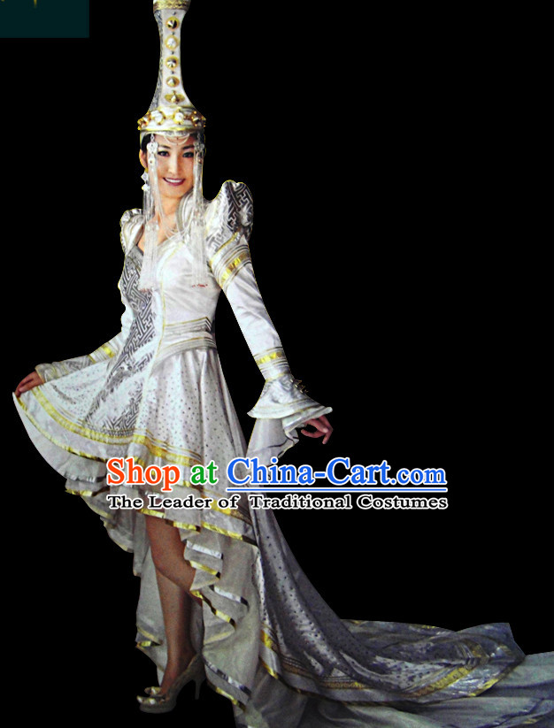 Chinese Mongolian People Yuan Dynasty Mongolians Dance Costumes Queen Princess Empress Clothing Dress Garment Complete Set for Women Girls