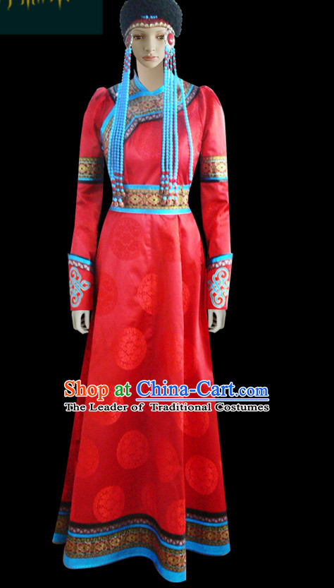 Chinese Mongolian People Yuan Dynasty Mongolians Dance Costumes Queen Princess Empress Clothing Dress Garment Complete Set for Women Girls