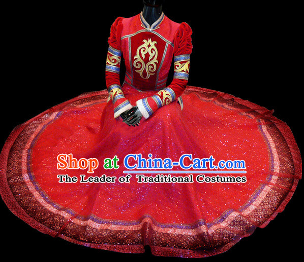 Mongolian People Yuan Dynasty Mongolians Dance Costumes Clothing Clothes Garment Complete Set for Women Girls