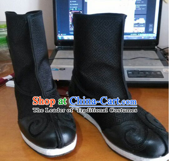 Ancient Chinese Handmade Auspicious Cloud Long Black Boots for Men