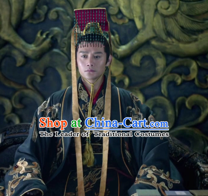 Ancient Chinese Style Emperor Costume Dress Authentic Clothes Culture Han Dresses Traditional National Dress Clothing and Headdress Complete Set