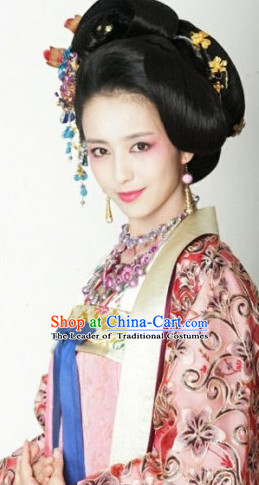 Traditional Ancient Chinese Style Imperial Palace Royal Princess Queen Empress Black Full Wigs and Headpieces Hair Jewelry Set for Women and Girls