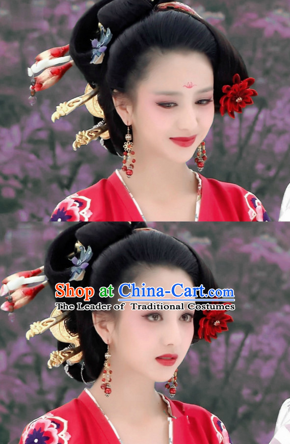 Traditional Ancient Chinese Style Imperial Palace Royal Princess Queen Empress Black Full Wigs and Headpieces Hair Jewelry Set for Women and Girls