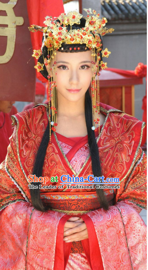 Traditional Chinese Ancient Lady Wedding Garment and Hairpieces Complete Set for Women