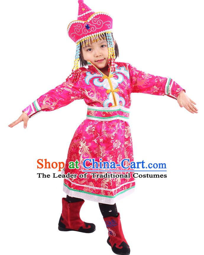 Chinese Traditional Mongolian Clothing and Hat Complete Set for Girls