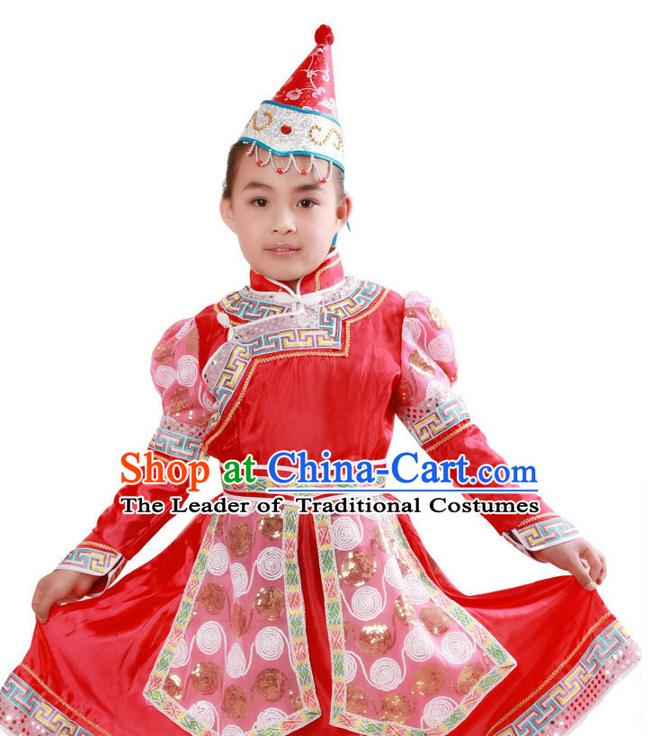 Chinese Traditional Ethnic Mongolian Suit and Hat Complete Set for Girls