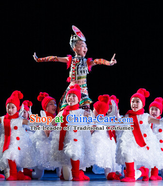 Chinese Snowman Dance Costume and Headdress for Children