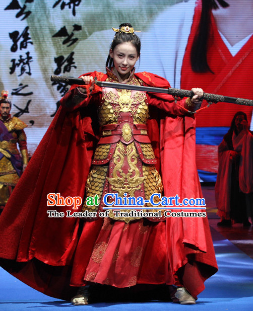 Ancient Chinese Princess Imperial Palace Fighting Armor Costumes Garments and Crown Complete Set for Women or Girls