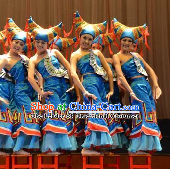 Chinese Traditional Ethnic Zhuang Dance Dress Dancewear Costumes Dancer Costumes Dance Costumes Chinese Dance Clothes Traditional Chinese Clothes Complete Set for Women