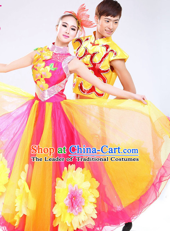 Chinese Traditional Stage Fan Dance Dancewear Costumes Dancer Costumes Dance Costumes Clothes and Headdress Complete Set for Women Children