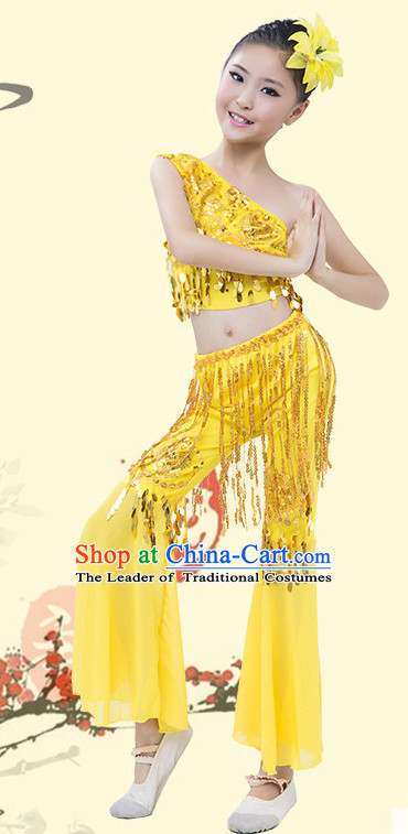 Yellow Chinese Traditional Stage Dai Minority Ethnic Peacock Dance Dancewear Costumes Dancer Costumes Dance Costumes Clothes and Headdress Complete Set for Girls Kids