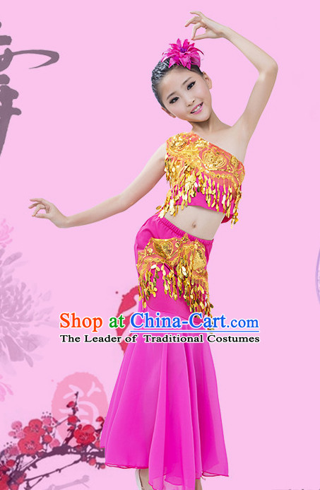 Purple Chinese Traditional Stage Dai Minority Ethnic Peacock Dance Dancewear Costumes Dancer Costumes Dance Costumes Clothes and Headdress Complete Set for Girls Kids