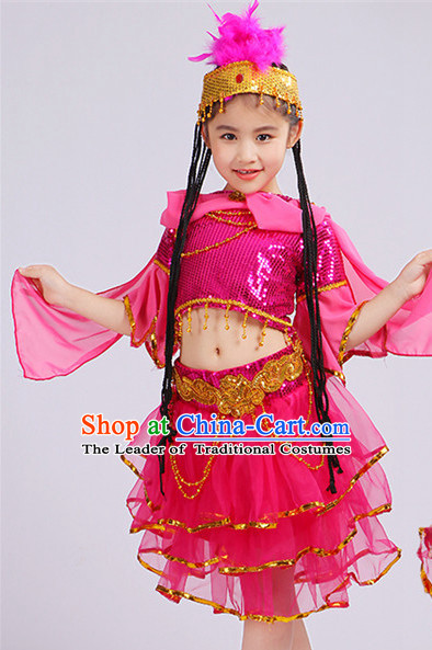 Chinese Traditional Stage Xinjiang Minority Ethnic Dance Dancewear Costumes Dancer Costumes Dance Costumes Clothes and Headdress Complete Set for Girls Kids