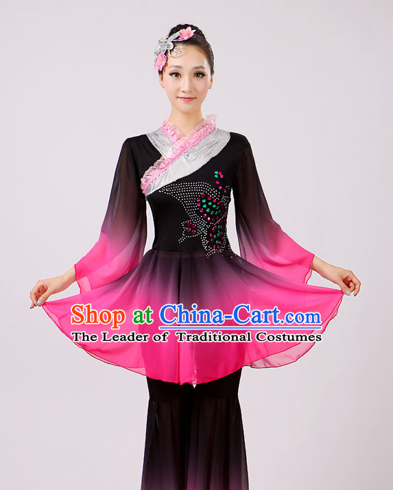 Chinese Traditional Stage Fan Dance Dancewear Costumes Dancer Costumes Dance Costumes Clothes and Headdress Complete Set for Girls Ladies