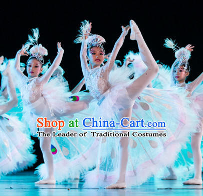 Chinese Primary School Students Peacock Dance Outfits Costumes Complete Set for Kids Girls