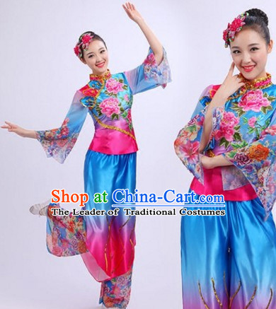 Chinese Folk Dance Costumes Traditional Chinese Fan Dancing Costume Ribbon Dancewear and Headwear Complete Set for Women Girls or Kids