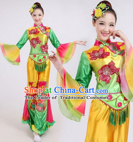 Chinese Folk Dance Costumes Traditional Chinese Fan Dancing Costume Ribbon Dancewear and Headwear Complete Set for Women Girls or Kids