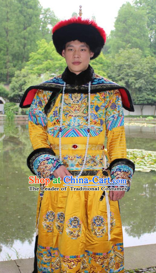 Qing Dynasty Chinese Emperor Embroidered Dragon Robe Hanfu Dresses Garment and Crown Complete Set for Men