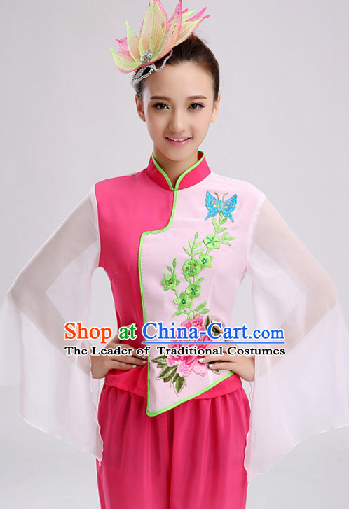 Pink Chinese Folk Fan Dancing Costumes and Headdress Complete Set for Women