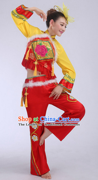 Yellow Red Chinese Folk Fan Dancing Costumes and Headdress Complete Set for Women